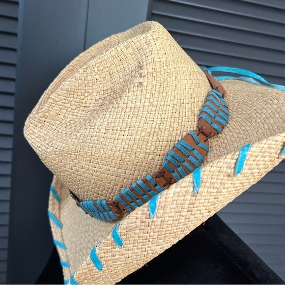 Bullhide Woven Straw Cowboy Hat With Turquoise Details, Size Small - Picture 2 of 16